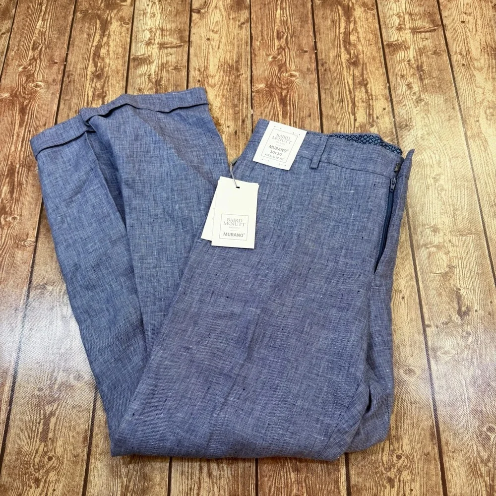 Murano Alex Slim Fit Pants Mens 30x30 Blue Baird McNutt Linen Cuffed Breathable